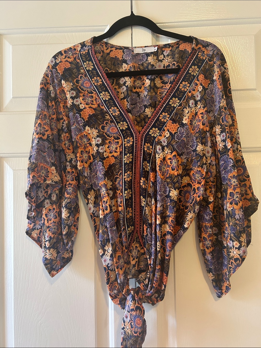 Tie-Front Floral V-Neck Blouse in Purple & Orange